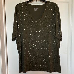 EUC Lane Bryant olive green and gold polka dot Perfect Sleeve Tee size 22/24